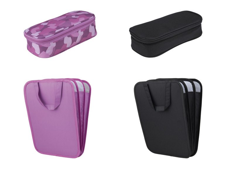 Een roze etui met camouflageprint, een zwart etui, een roze tas en een zwarte tas.