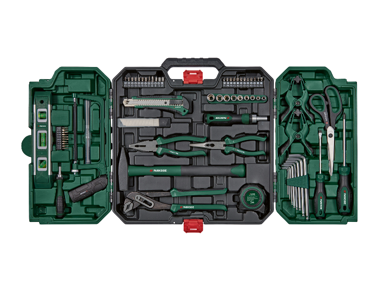 Parkside gereedschapskoffer met diverse gereedschappen.