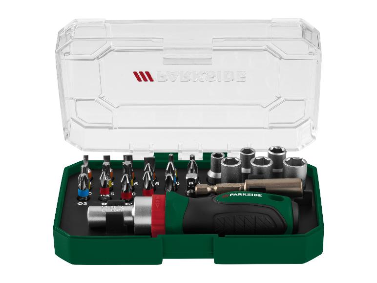 Parkside gereedschapsset: schroevendraaier, dopjes en bits.