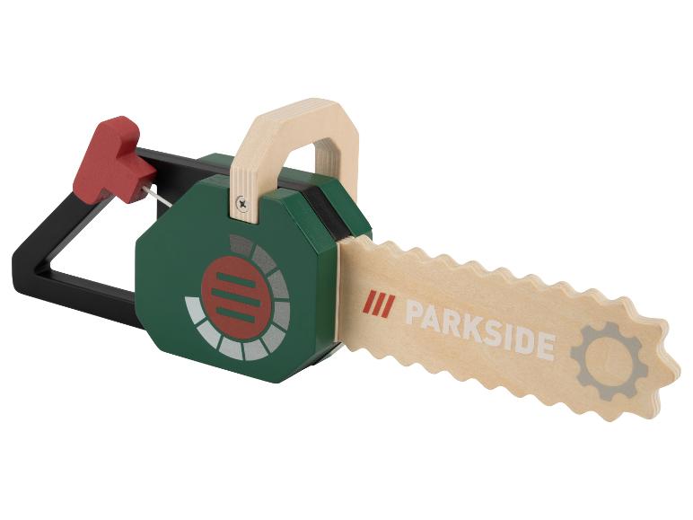 Houten speelgoedkettingzaag, groen en zwart, met Parkside-logo