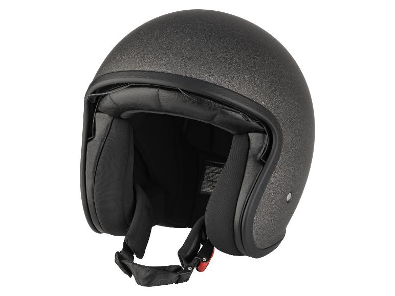 Zwarte open motorhelm met getextureerde afwerking en kinband