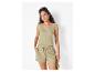 Kaki zomerjumpsuit voor dames met korte broek en mouwloze top.