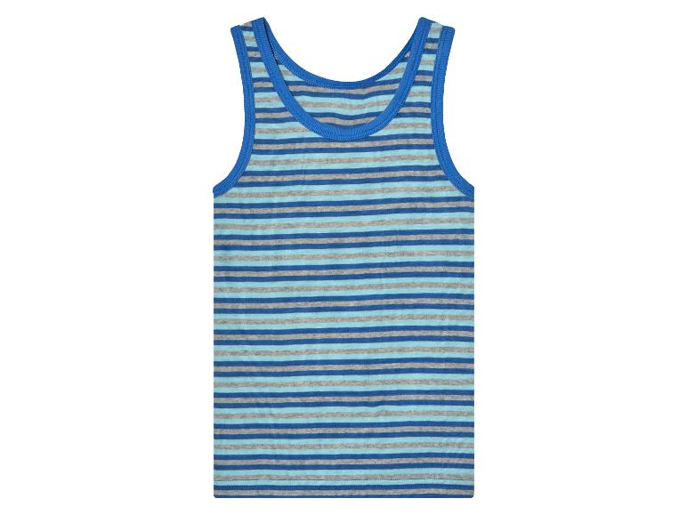Blauw-grijs gestreept kinderhemdje zonder mouwen.