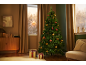 Kerstboom met lichtjes en versieringen, cadeaus, een lichtgevende ster in het raam.