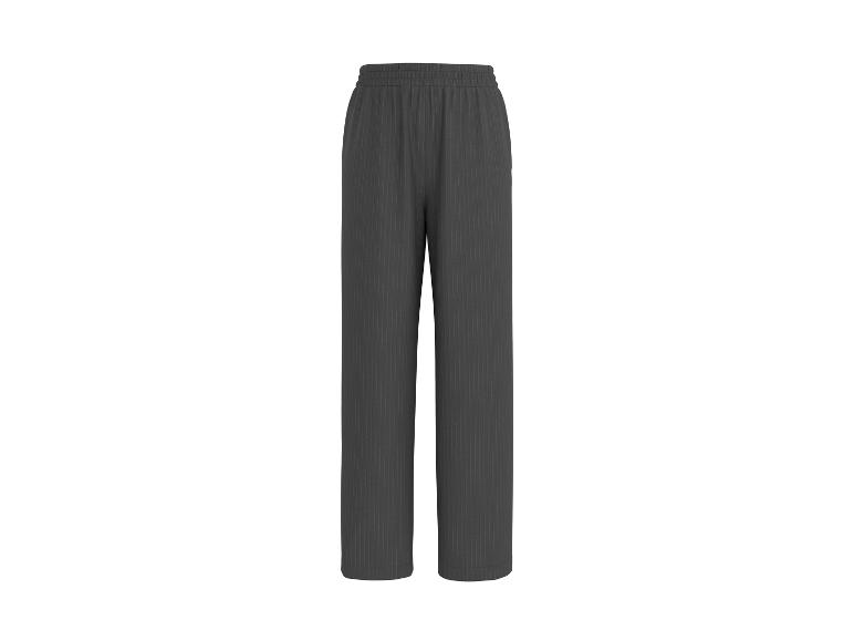 Donkergrijze gestreepte broek met elastische tailleband.