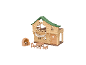 Houten speelboomhut met groen dak, buitenbarbecue, tafel en stoelen.