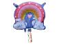 Regenboogvormige folieballon met wolken en hartjes.