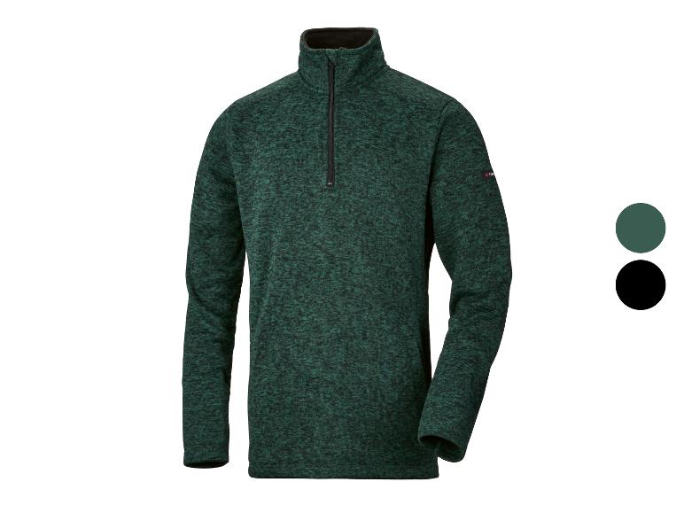 Groen herenfleecejack met rits en zwarte kraag.
