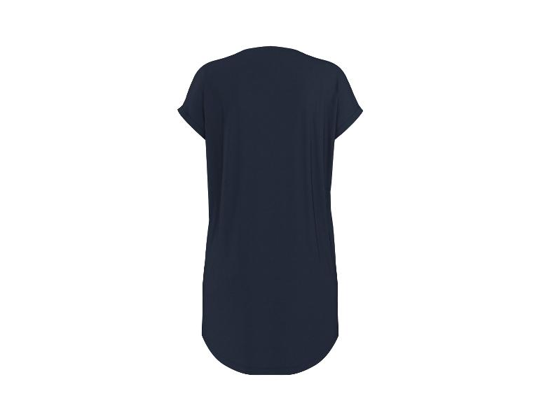 Donkerblauwe dames lange jurk met korte mouwen en een afgeronde zoom, achteraanzicht.