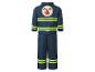 Kinderbrandweerkostuum met donkerblauwe jas en broek, reflecterende strepen en embleem