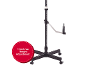 Zwart statief op wielen met verstelbare hoogte, met de tekst 'Tool-Free Height Adjustment'.
