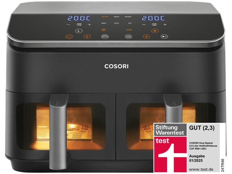 Zwarte dubbele airfryer met digitaal display en testbeoordeling 'GUT (2,3)'.