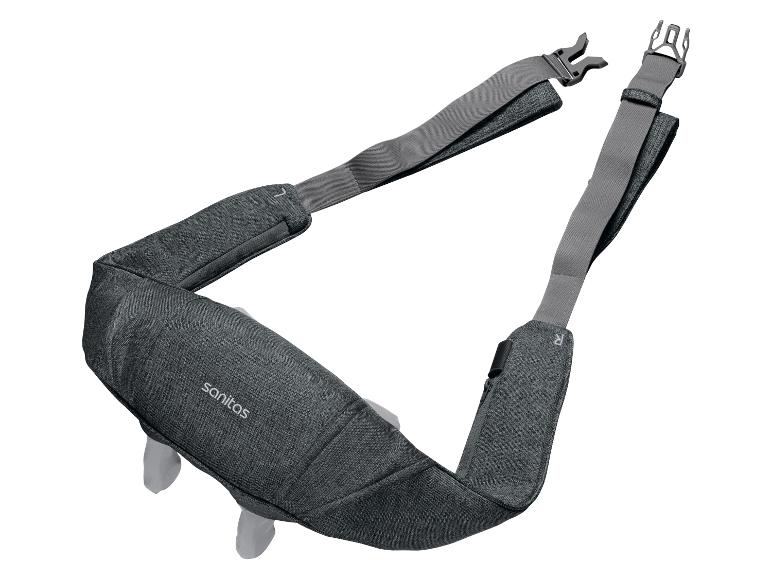 Grijze nek- en schoudermassager met verstelbare banden en sluitingen.