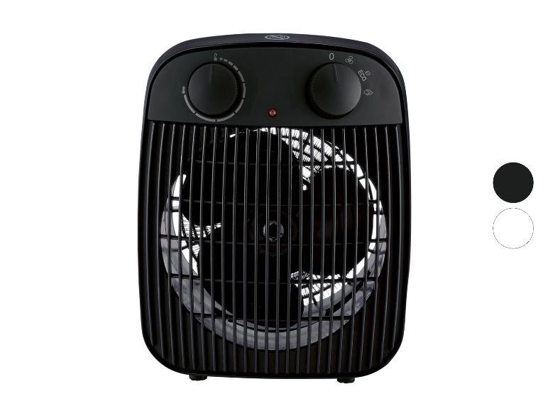 Zwarte ventilatorkachel met twee draaiknoppen en een rood indicatielampje