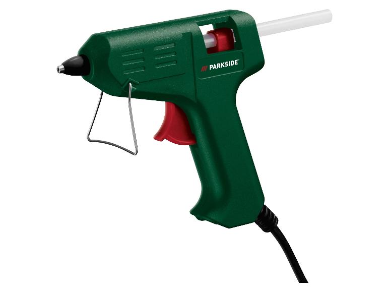 Parkside groen en rood lijmpistool met een witte lijmstift.