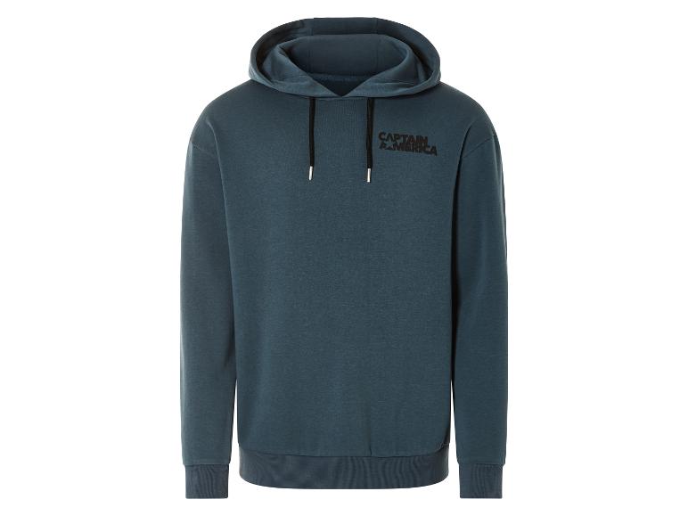 Een blauwe hoodie met een Captain America logo.