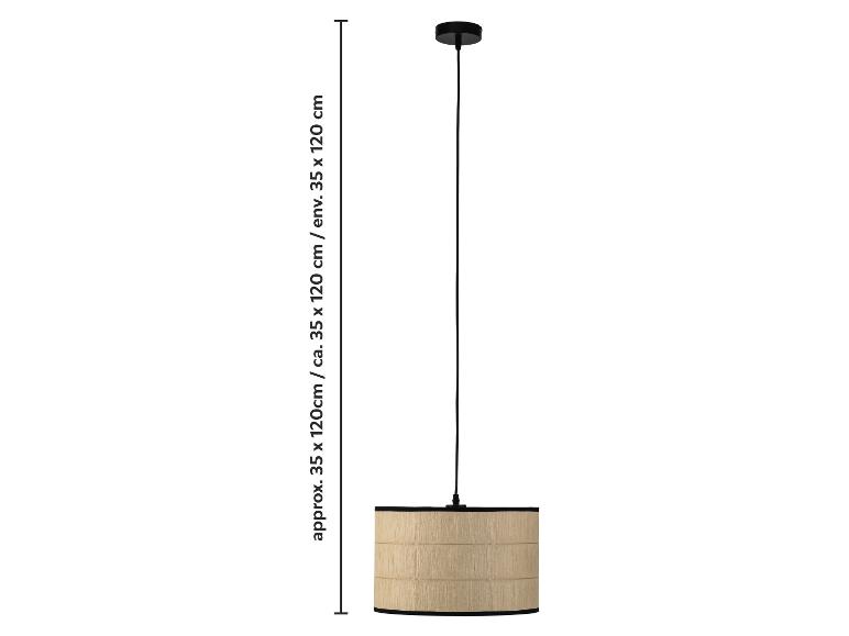 Hanglamp met beige kap en zwarte kabel, ca. 35 x 120 cm.