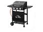 Zwarte Grill Meister gasbarbecue met 3 branders en wielen, met afmetingen.