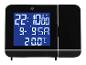 Zwarte digitale klok-thermometer met een blauw display dat tijd, datum en temperatuur toont.