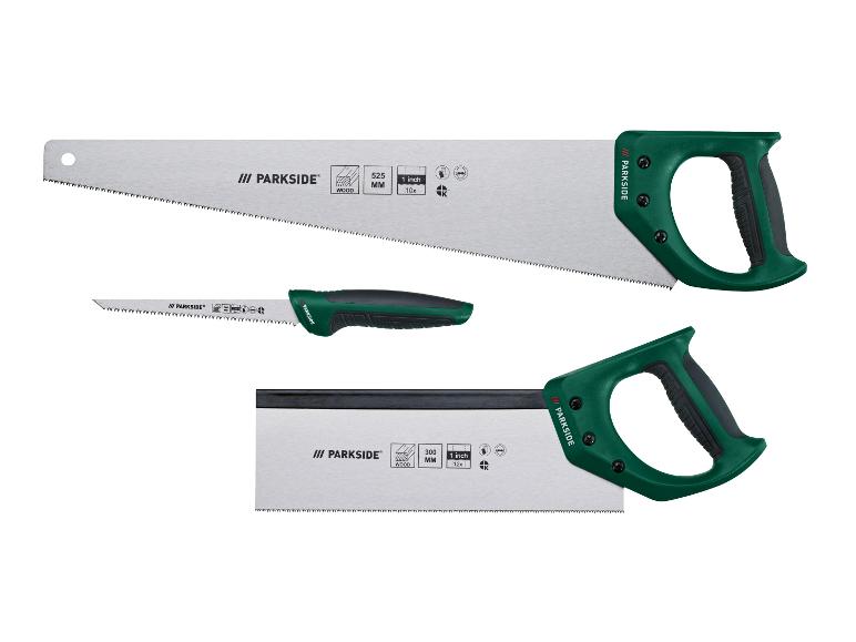 Drie PARKSIDE zagen: een grote handzaag, een kleinere handzaag en een kapzaag.