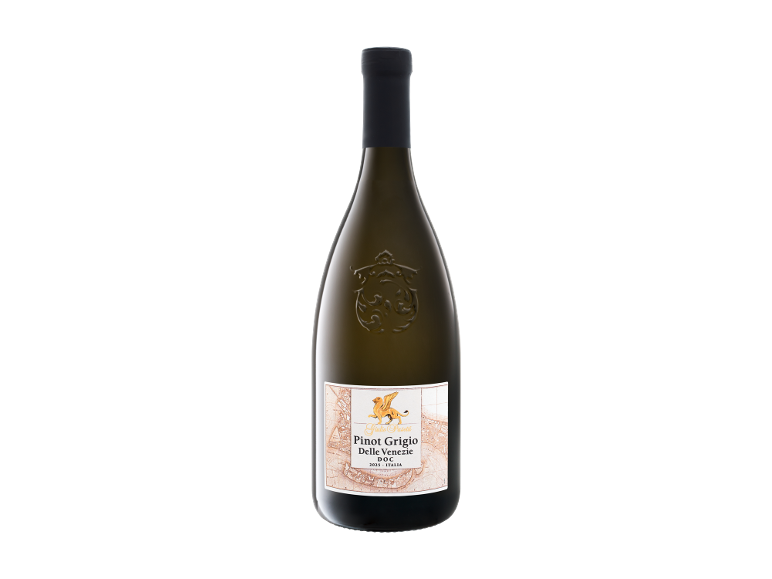 Fles witte wijn Pinot Grigio delle Venezie DOC met een etiket in oude kaartstijl.