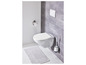 Een witte toiletpot met een geïntegreerde toiletbril, een toiletborstel en een badmat.