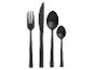 Zwart bestekset met een vork, mes, eetlepel en theelepel.