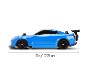 Blauwe speelgoedauto met zwarte wielen en spoiler, 17,78 cm lang.