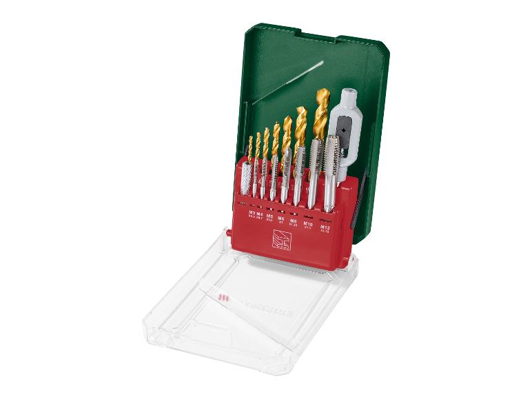 Set metrische boortjes en tappen in een opbergkoffer.