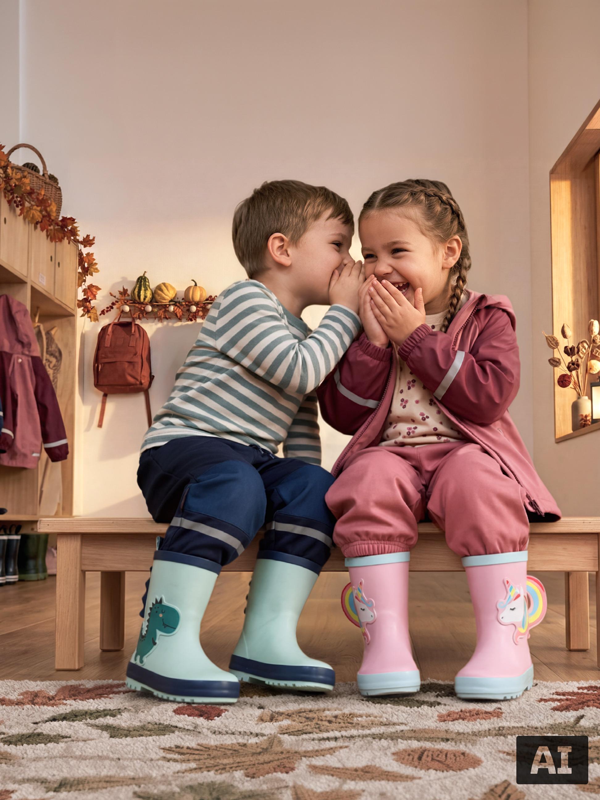 Twee kinderen lachen en fluisteren, gekleed in regenkleding en kleurrijke regenlaarzen.