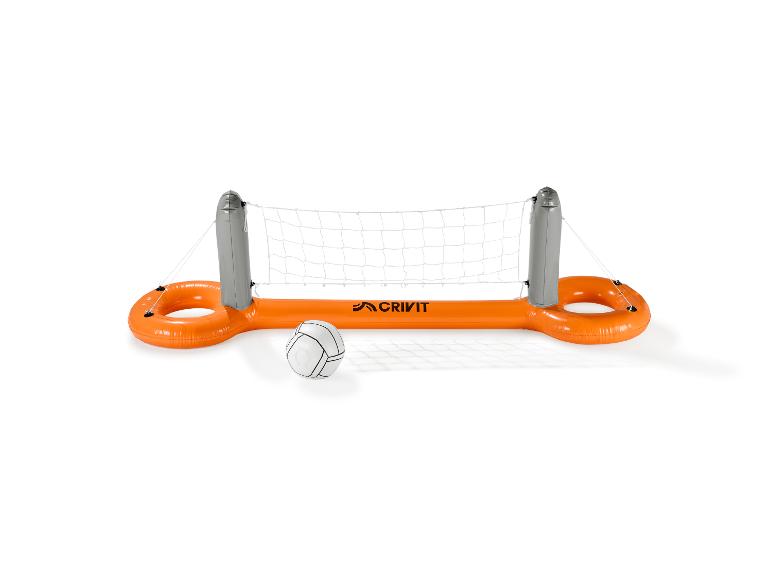 Oranje en grijs opblaasbaar volleybalset met bal, voor zwembad of strand.