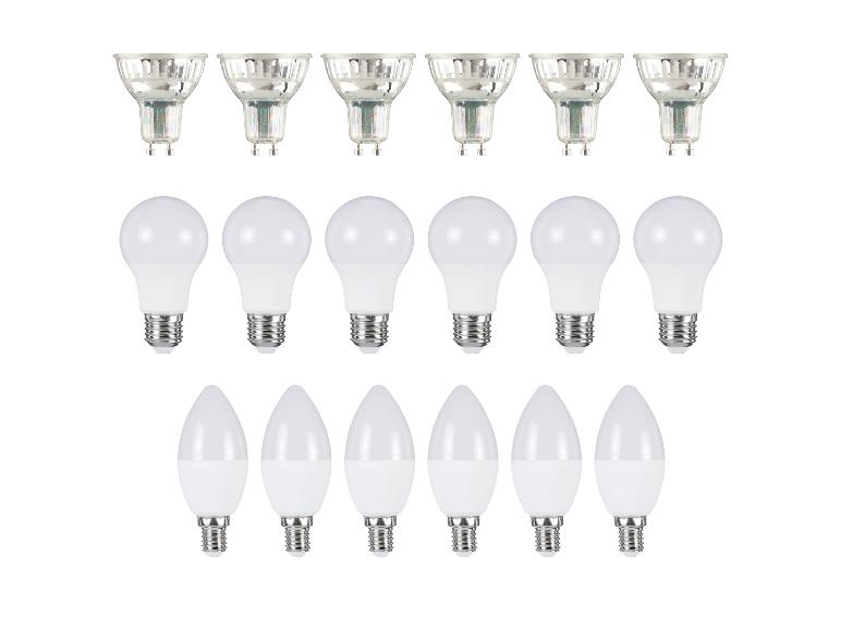 Een assortiment aan LED lampen, waaronder GU10 spotjes, ronde en kaarsvormige lampen.