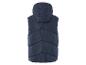 Een donkerblauwe gewatteerde vest met capuchon.