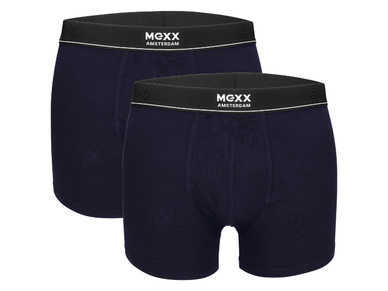 Twee paar donkerblauwe MEXX Amsterdam boxershorts.