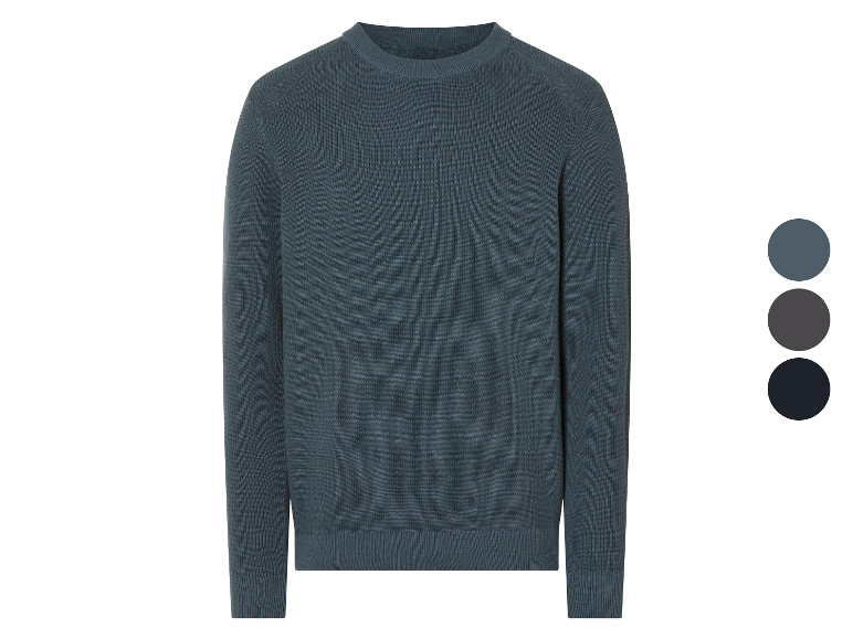 Een donkerblauwe gebreide trui met kleur opties.