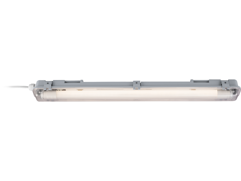 Langwerpige, grijze, waterdichte lamp met helder licht.