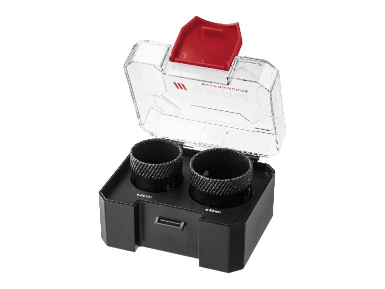 Zwarte koffer met twee diamantboren van 45 mm en 53 mm diameter.