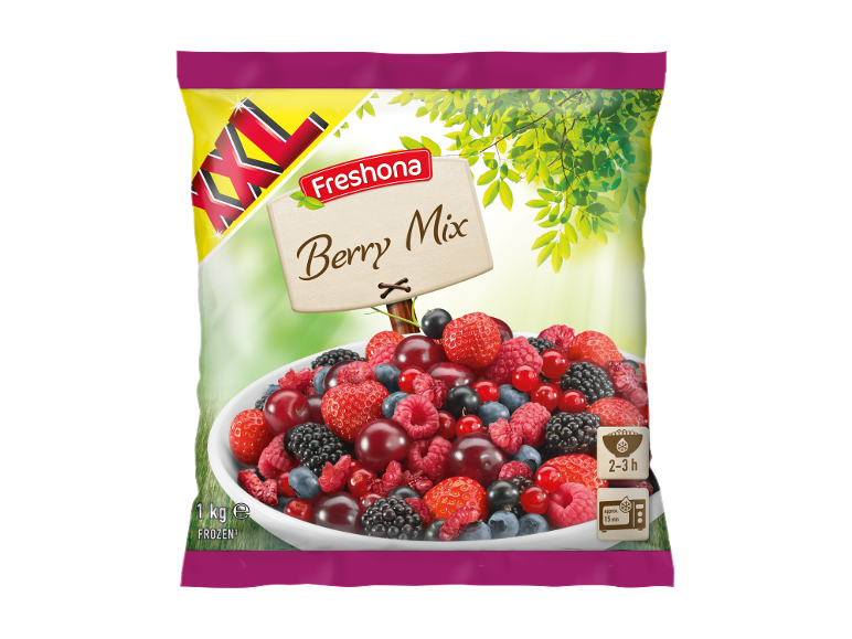 Freshona XXL diepgevroren bessenmix in een zak van 1 kg.