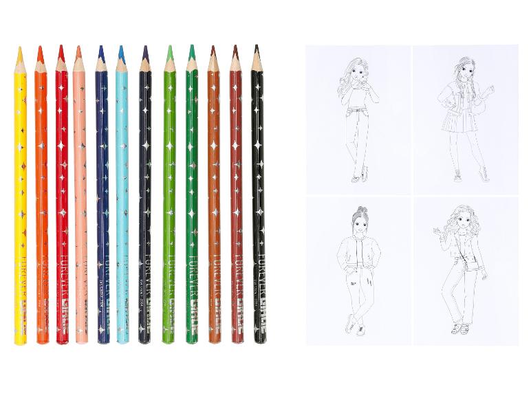 Een set van 12 'FOREVER GIRLS' kleurpotloden met sterpatronen en vier modekleurplaten.