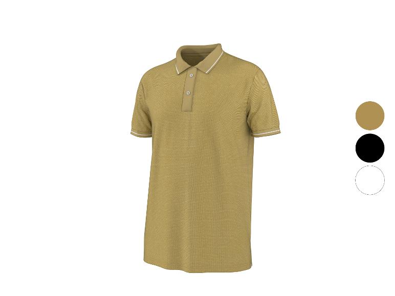 Heren poloshirt met korte mouwen in mosterdgeel met witte strepen op kraag en mouwen.