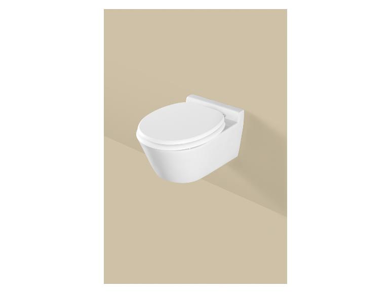 Wit wandcloset met zitting op een beige achtergrond.