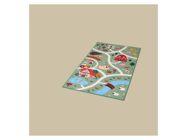 Kinderspeelkleed met boerderijthema, wegen en dieren.