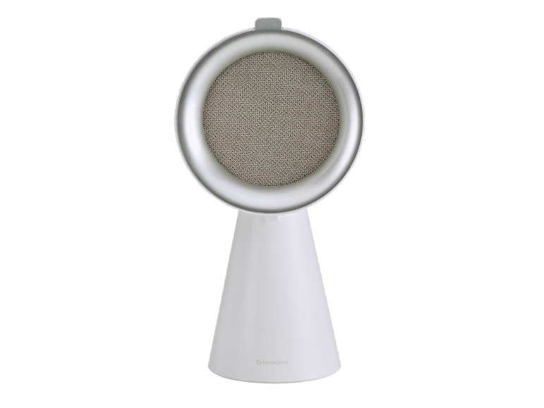 Witte conische luidspreker met rond zilveren rooster en handvat.