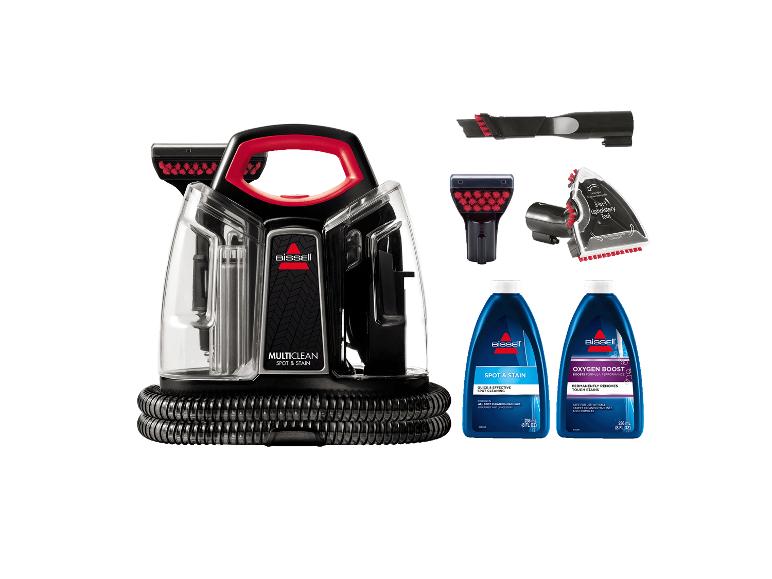 Bissell Multiclean Spot & Stain reiniger met accessoires en twee flessen schoonmaakmiddel.