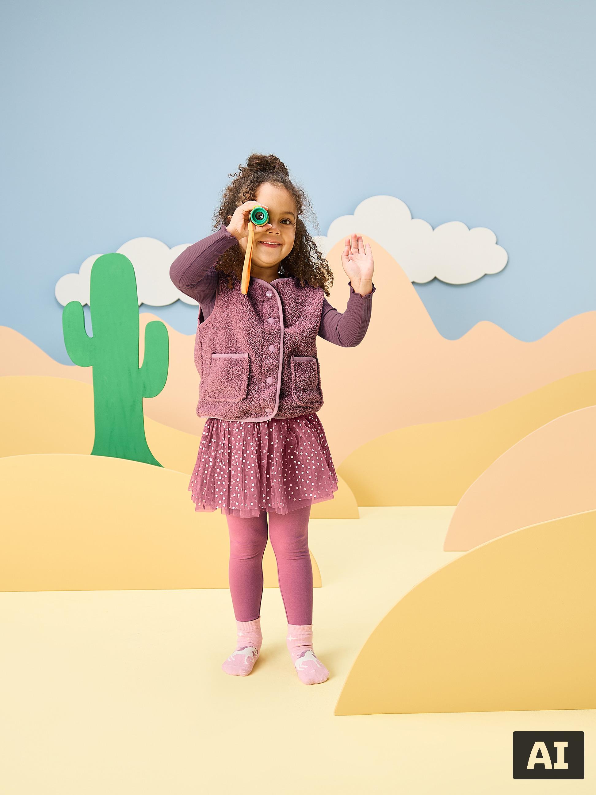 Meisje in roze vest en rok, spelend met verrekijker in woestijnlandschap.