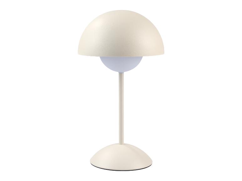 Crèmekleurige paddestoelvormige tafellamp met een witte gloeilamp.