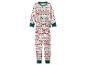 Kerstpyjama met rendier-, boom- en ornamentenprint in rood en groen.