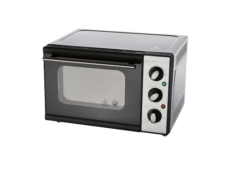 Zwart-zilveren SilverCrest elektrische mini-oven met bedieningspaneel en glazen deur.
