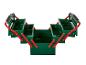 Open groene metalen gereedschapskist met rode handvatten en vakken.