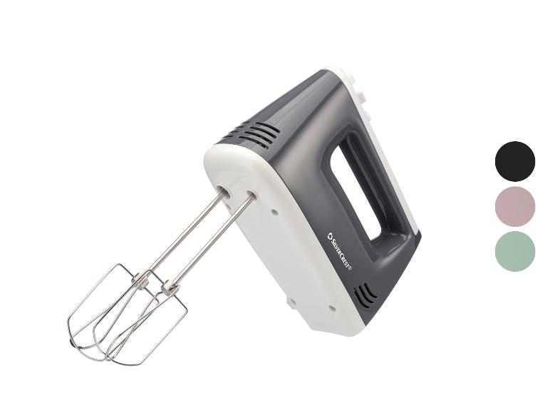 SilverCrest handmixer in donkergrijs met witte accenten.